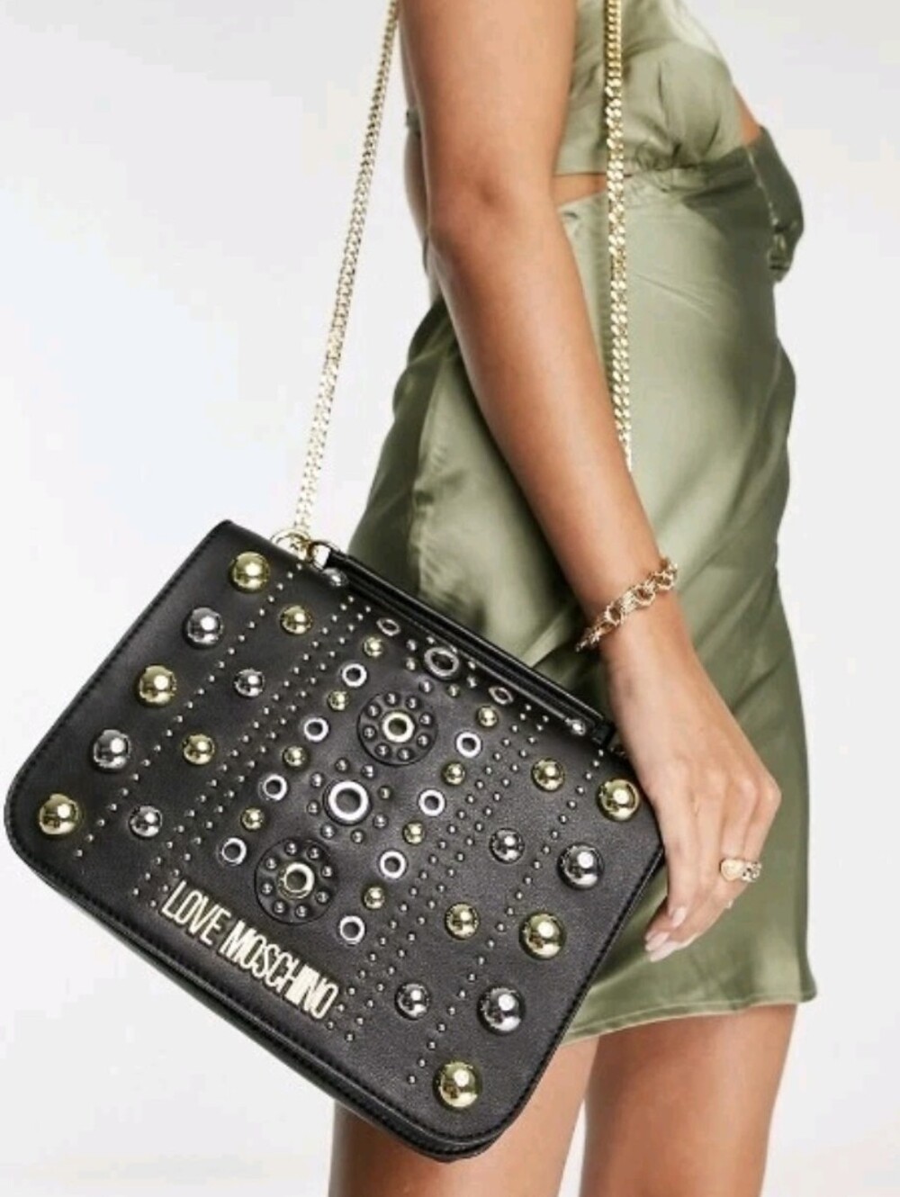 Love Moschino Black Studded Shoulder Bag with Gold Chain
